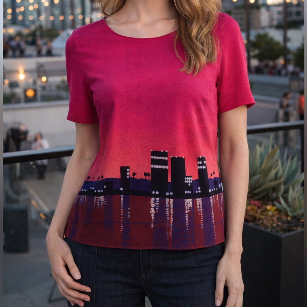 Akris Punto Silk Cityscape Top Pink US 6 IT 42